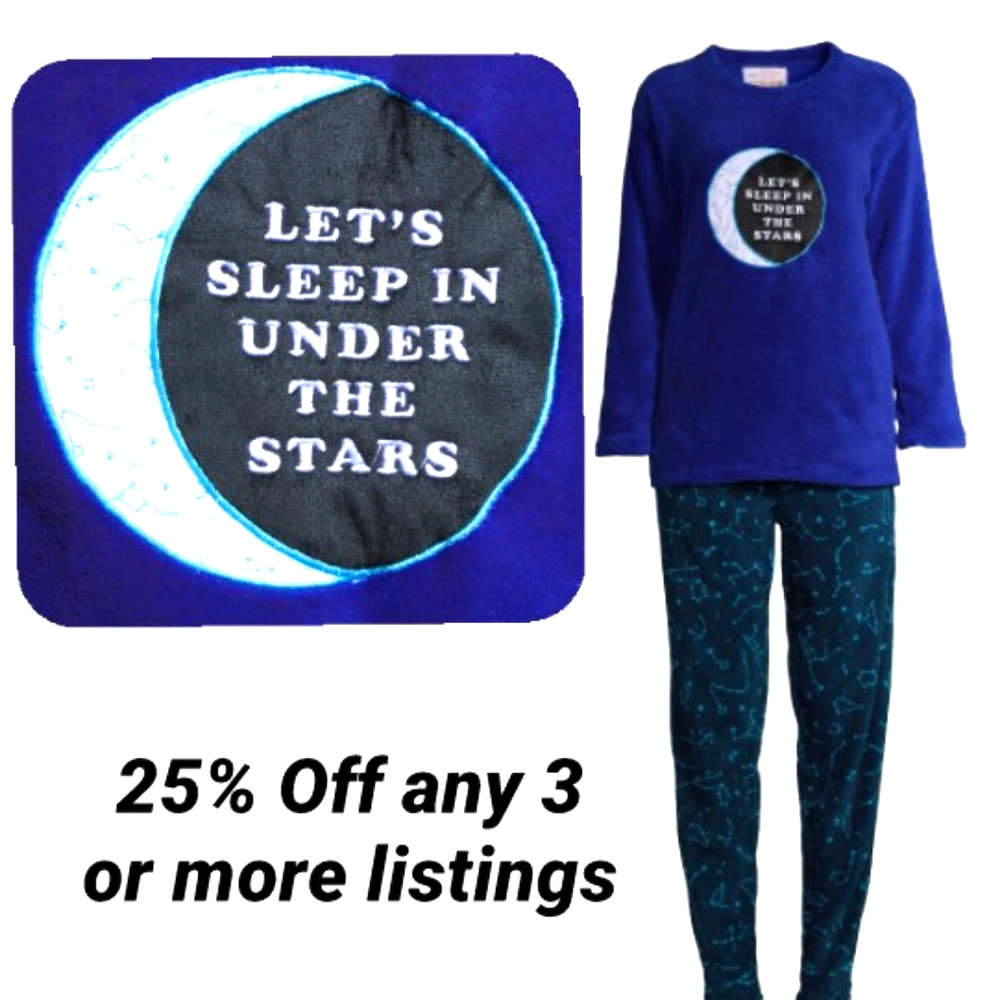 Thick 2 Piece Set Pajama Fleece Size Large Cozy Winter Pj's Moon Stars Sky